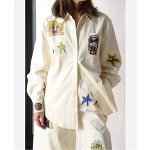 ALEMAIS Players Embroidered Shirt Cream Sequin Patches Michael Swaney Womens 6